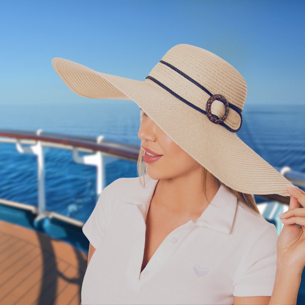 Wide Brim Straw Hat Beige with Belt Band UV Protection
